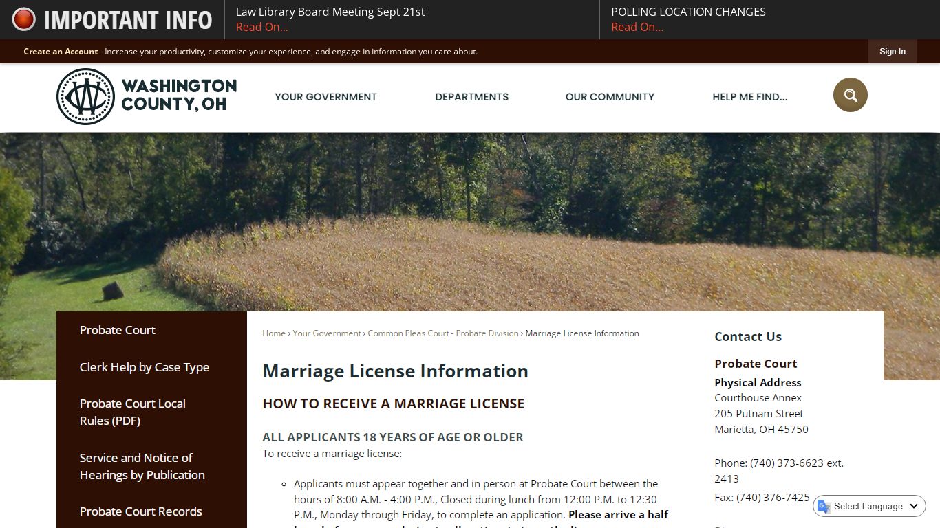 Marriage License Information - Washington County, Ohio